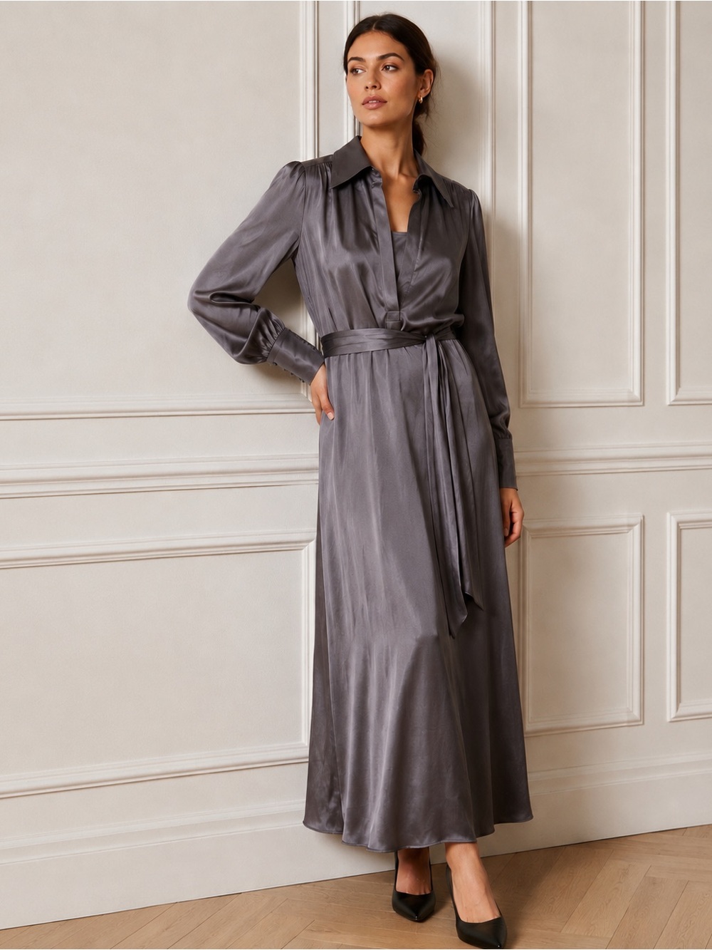 Vintage 2005 Banana Republic 100% Gray Silk Maxi Dress 14 Quiet Luxury 90s